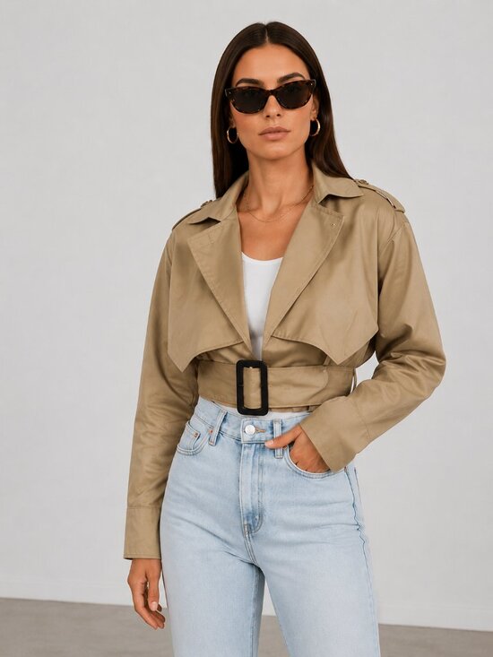 The Modern Minx Jackets & Blazers - Beige Cropped Trench Jacket Belted Utility Coat Chic NWT